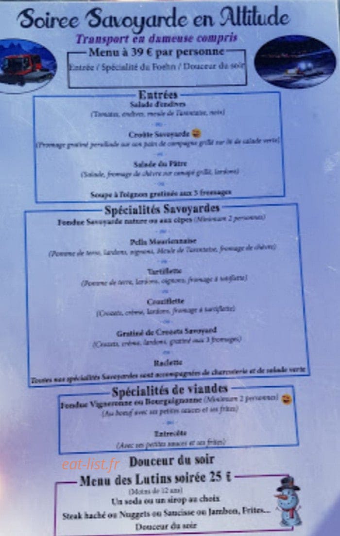 Carte et menu de Chalet Le Foehn à Fontcouverte la Toussuire — La carte