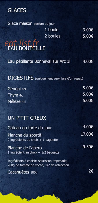 Carte et menu de Chalet La Tuviere Bike Inn à Jarrier — Les glaces, digestifs, ...