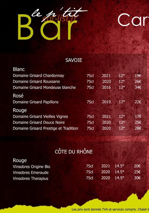 Carte et menu de Chalet La Tuviere Bike Inn à Jarrier — La carte des vins