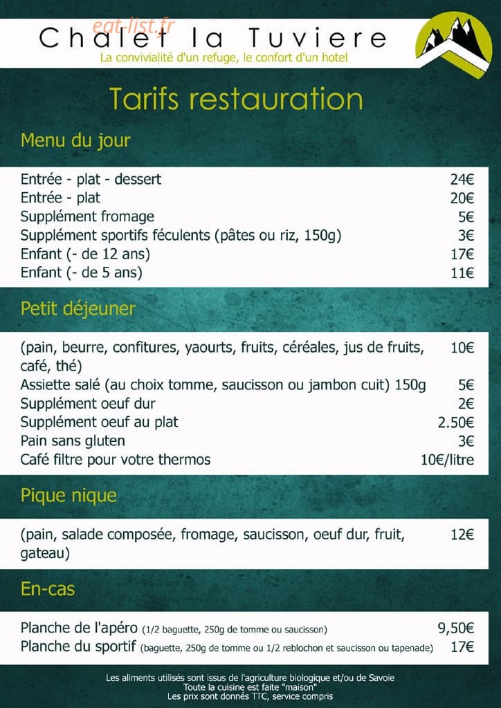 Carte et menu de Chalet La Tuviere Bike Inn à Jarrier — Les tarifs restauration