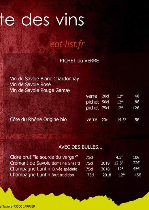 Carte et menu de Chalet La Tuviere Bike Inn à Jarrier — La carte des vins (suite)