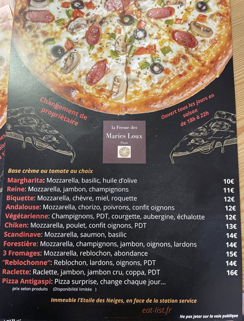 Carte et menu de La Ferme des Maries Loux à Villarembert — Les pizzas