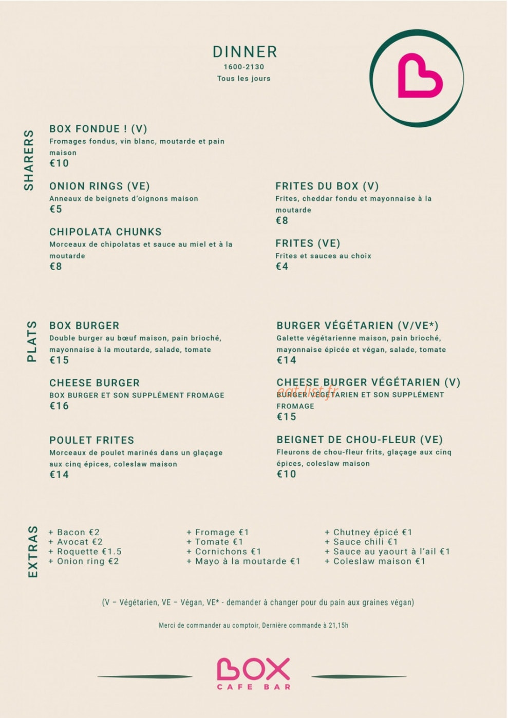 Box Cafe Bar — carte page 1