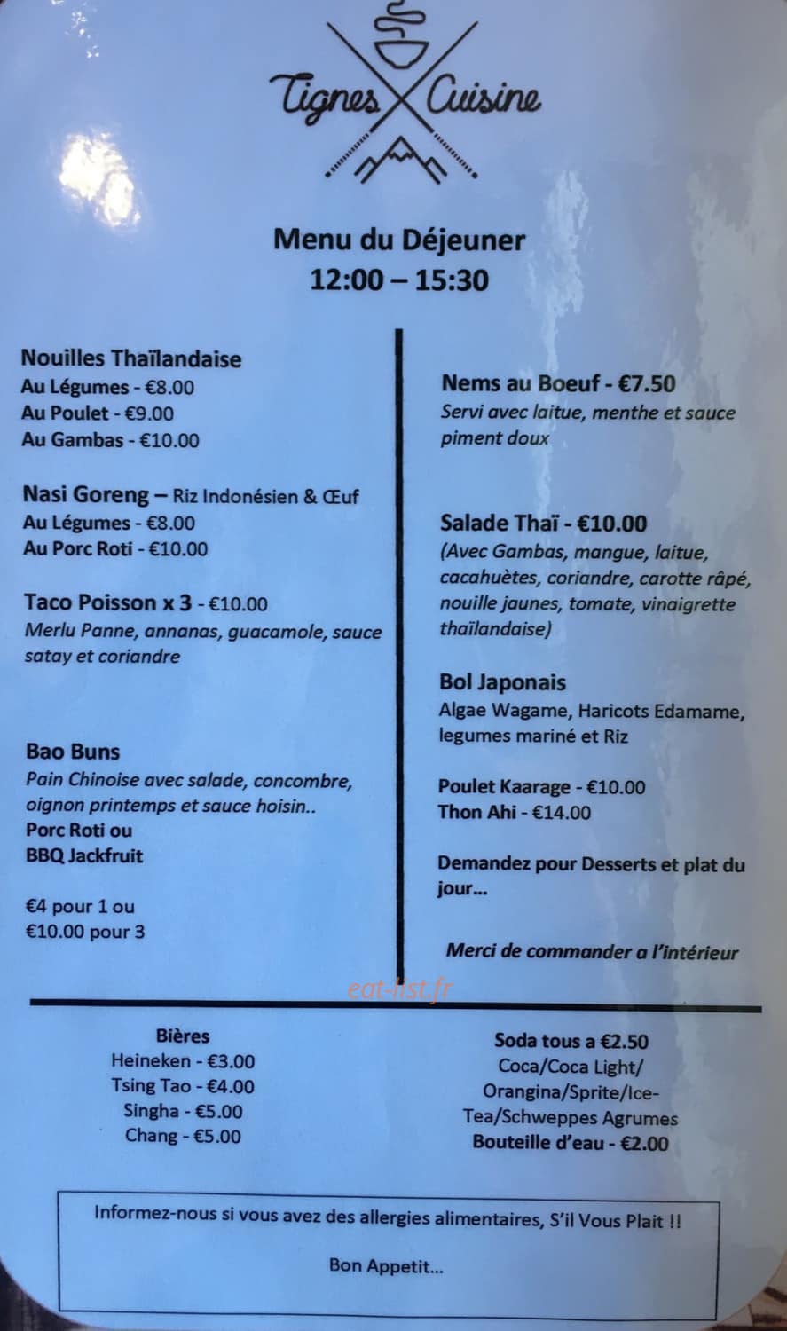 Tignes Cuisine — carte page 1