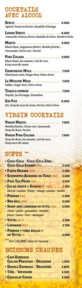 Carte et menu de Beers Company à Le Pont de Beauvoisin — Les cocktails, softs et boissons chaudes