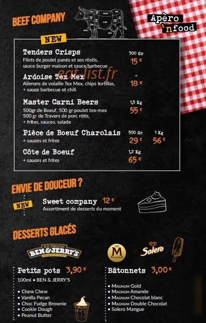 Carte et menu de Beers Company à Le Pont de Beauvoisin — Les tenders, desserts,...
