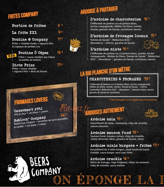 Carte et menu de Beers Company à Le Pont de Beauvoisin — Les frites, ardoises, ...