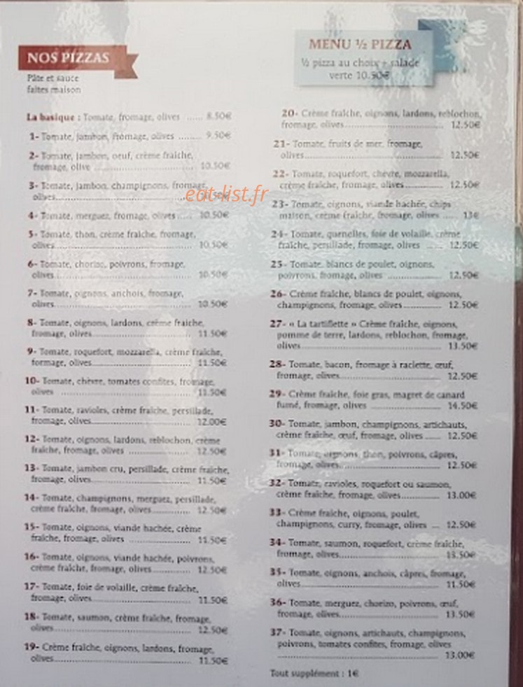 Carte et menu de La Tour Des Pizz's à Le Pont de Beauvoisin — Les pizzas