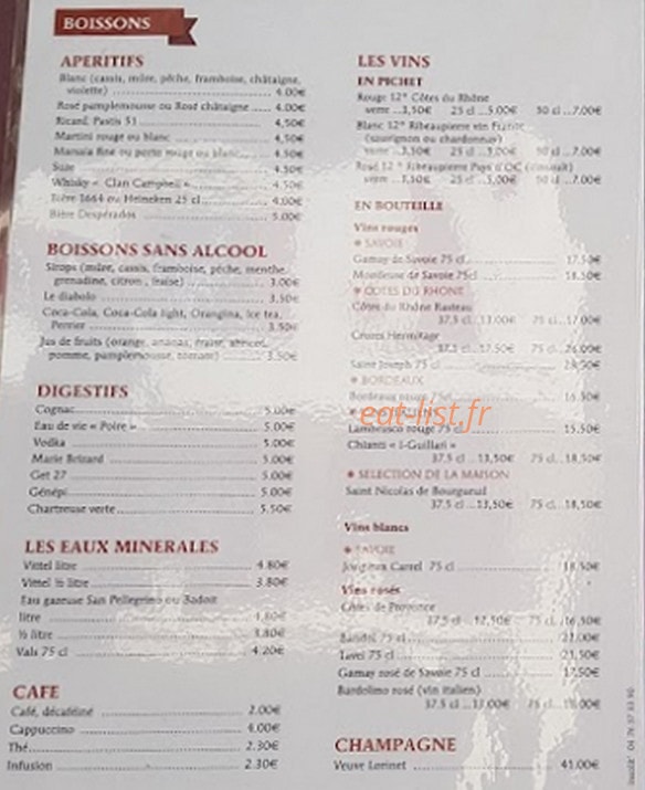 Carte et menu de La Tour Des Pizz's à Le Pont de Beauvoisin — Les apéritifs, boissons, ...