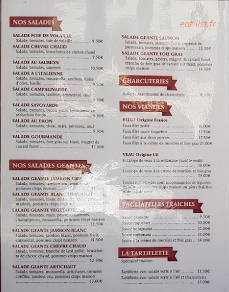 Carte et menu de La Tour Des Pizz's à Le Pont de Beauvoisin — Les salades, charcuterie, ...
