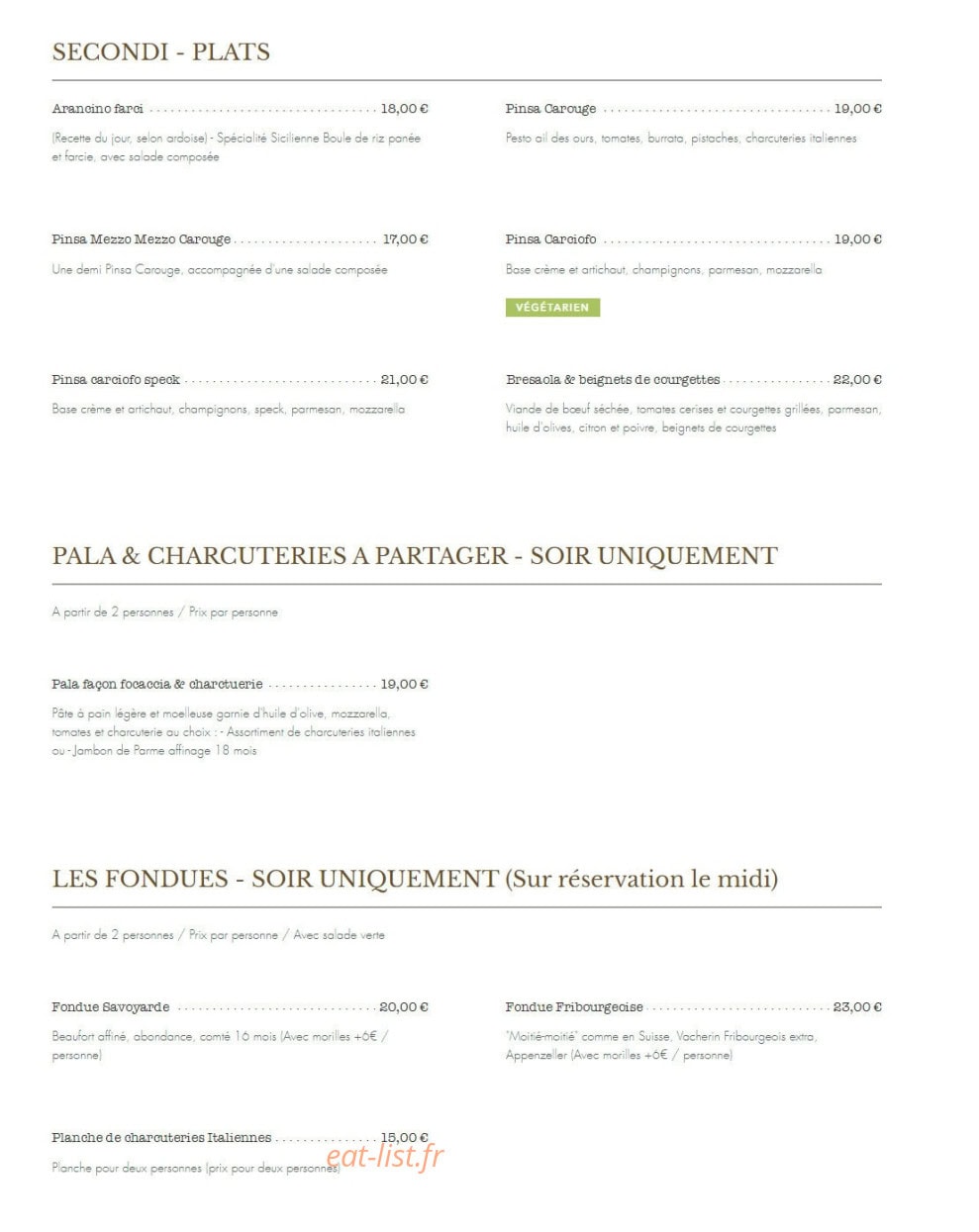 Carte et menu de Le Carouge à Le Pont de Beauvoisin — Les plats, fondues, ...