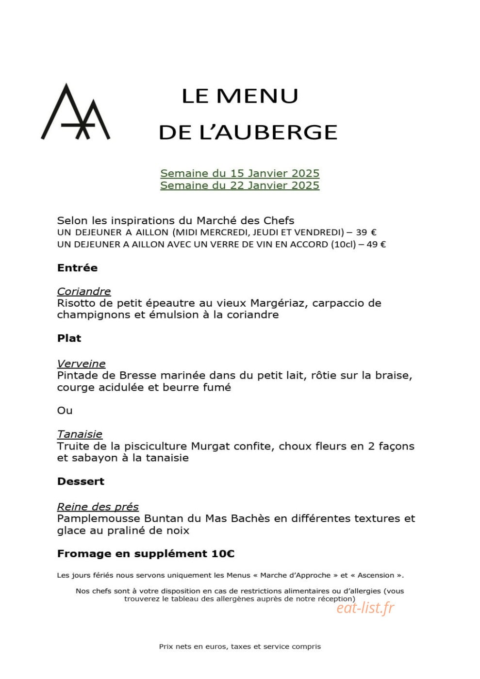 Auberge d'Aillon et d'Ailleurs — carte page 1