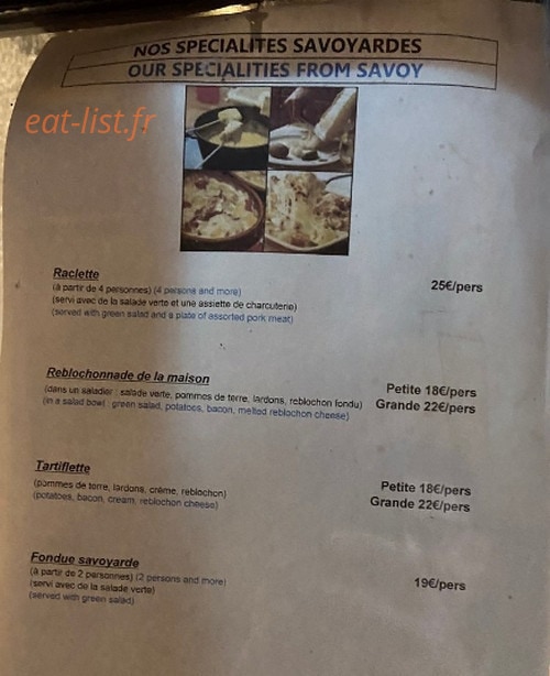 Carte et menu de Pizzéria de la Tour Sarrazine à Bozel — Les spécialités savoyardes