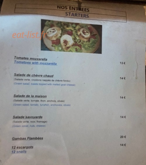 Carte et menu de Pizzéria de la Tour Sarrazine à Bozel — Les entrées