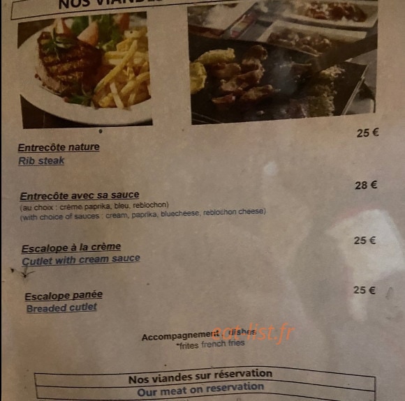 Carte et menu de Pizzéria de la Tour Sarrazine à Bozel — Les viandes