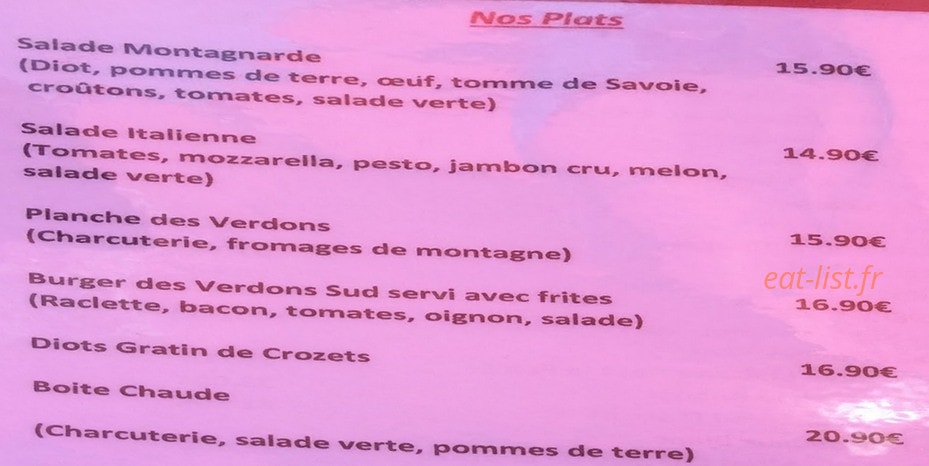 Carte et menu de Le Chalet des Verdons Sud à Champagny en Vanoise — Les plats