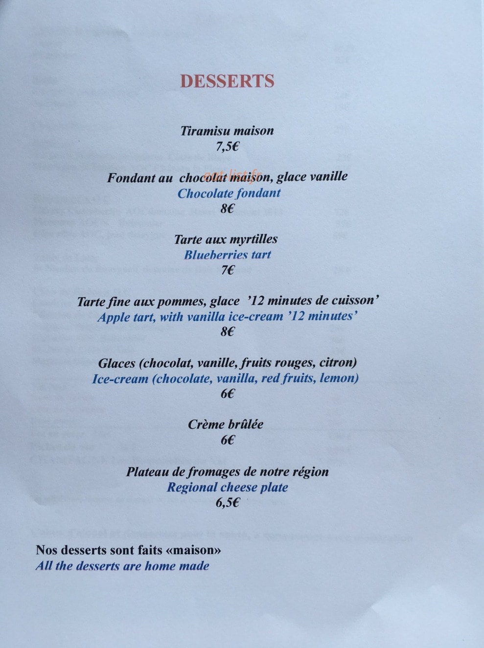 Carte et menu de Le grand bouquetin à Champagny en Vanoise — Les desserts