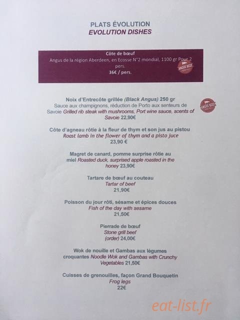 Carte et menu de Le grand bouquetin à Champagny en Vanoise — Les plats évolutions