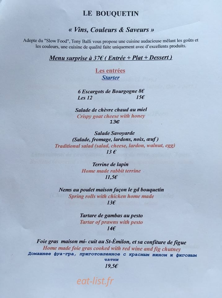 Carte et menu de Le grand bouquetin à Champagny en Vanoise — Le menu surprise
