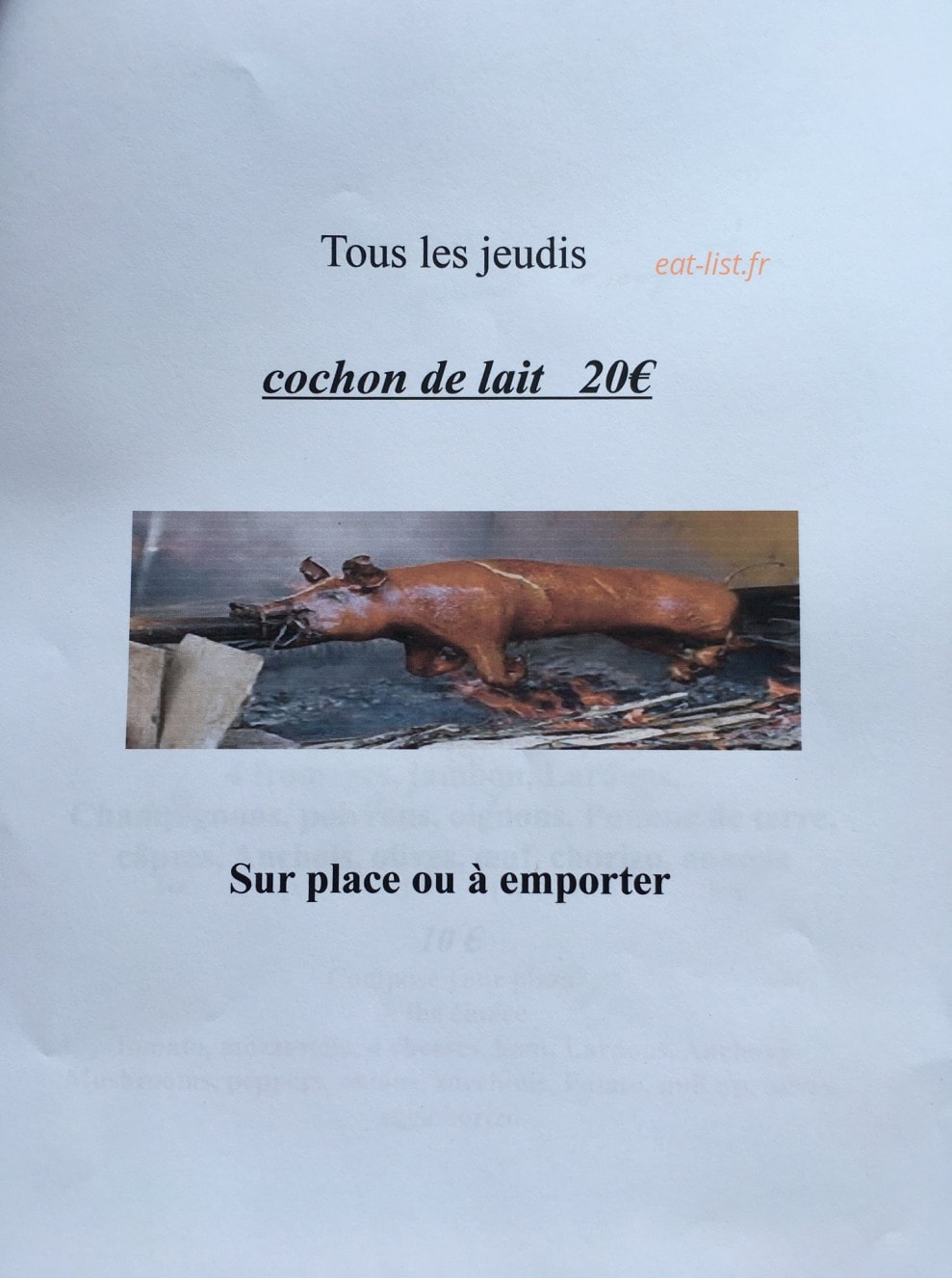 Carte et menu de Le grand bouquetin à Champagny en Vanoise — Le cochon de lait