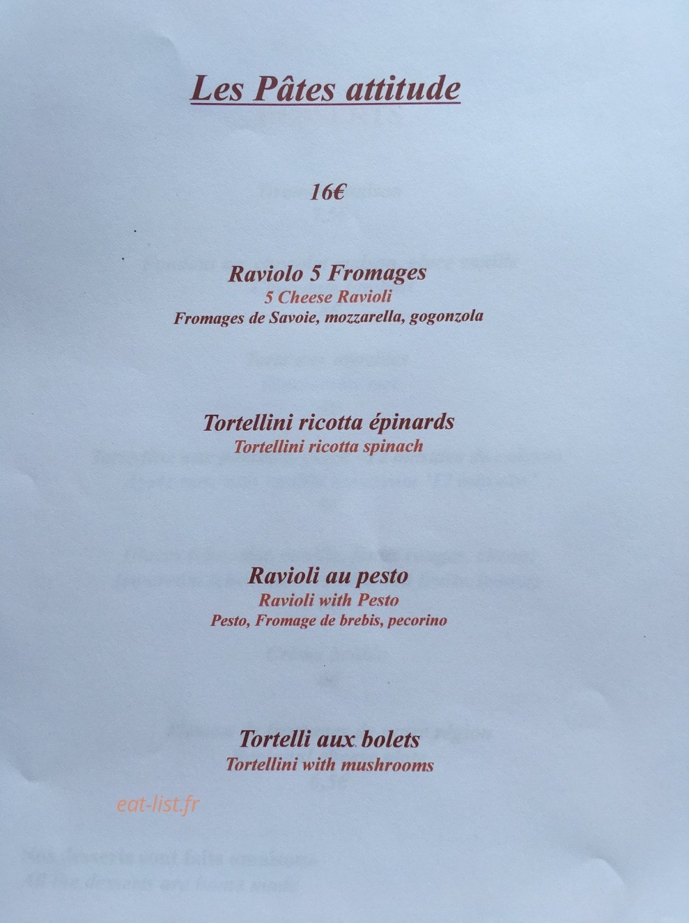 Carte et menu de Le grand bouquetin à Champagny en Vanoise — Les pâtes