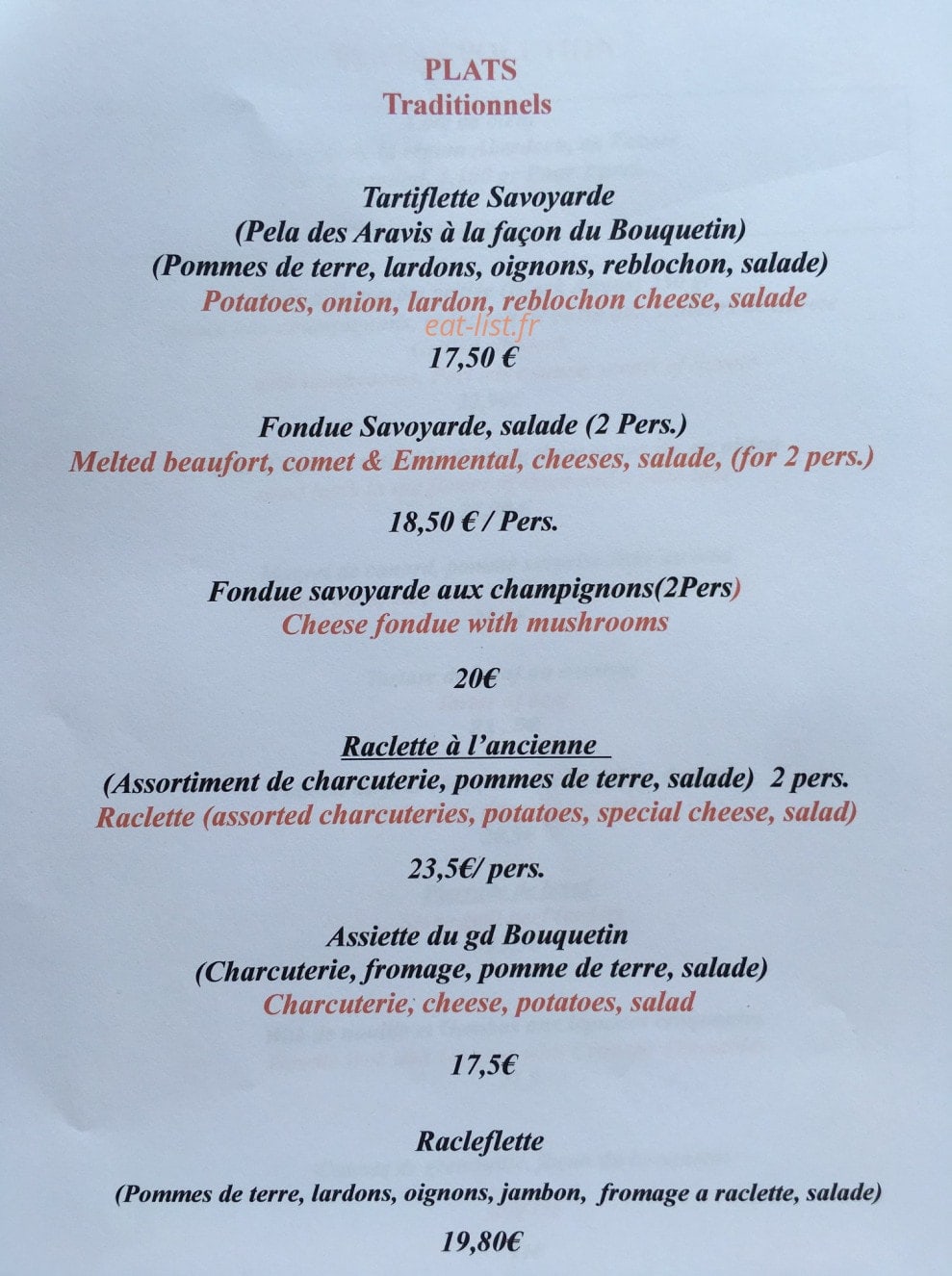 Carte et menu de Le grand bouquetin à Champagny en Vanoise — Les plats