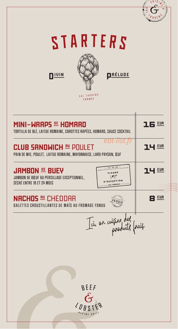 Beef & Lobster — carte page 1