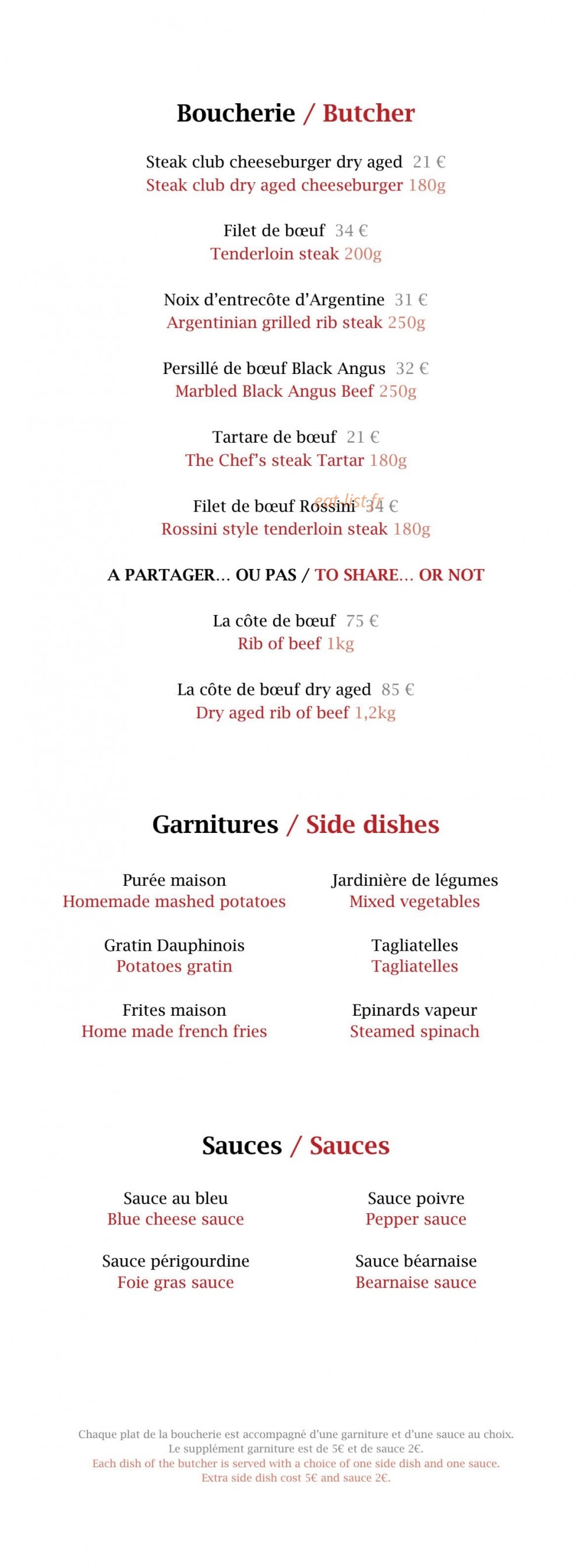 Carte et menu de Club 72 à Saint Martin de Belleville — Boucherie, garnitures et sauces