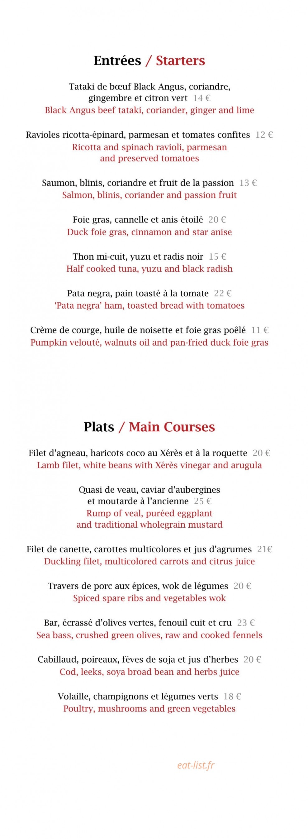 Carte et menu de Club 72 à Saint Martin de Belleville — Entrées et plats
