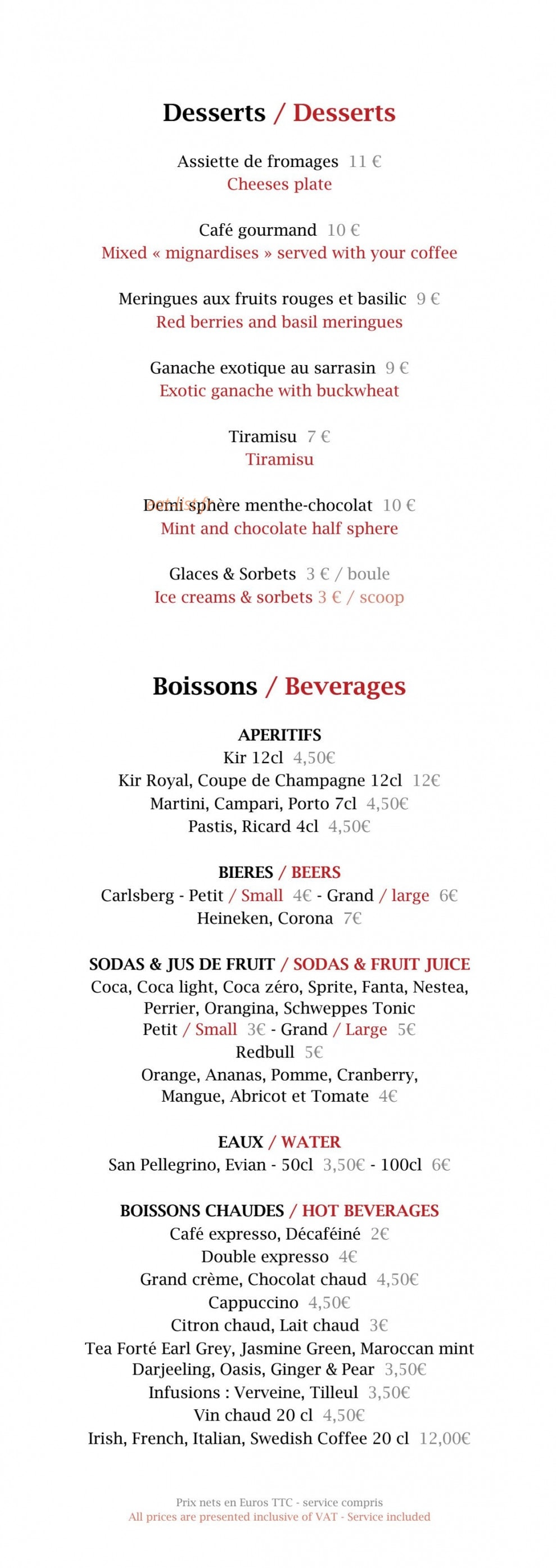 Carte et menu de Club 72 à Saint Martin de Belleville — Desserts et boissons