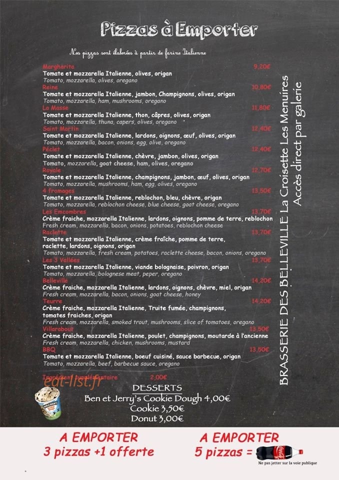 Carte et menu de La Brasserie des Belleville à Saint Martin de Belleville — Pizzas à emporter et desserts