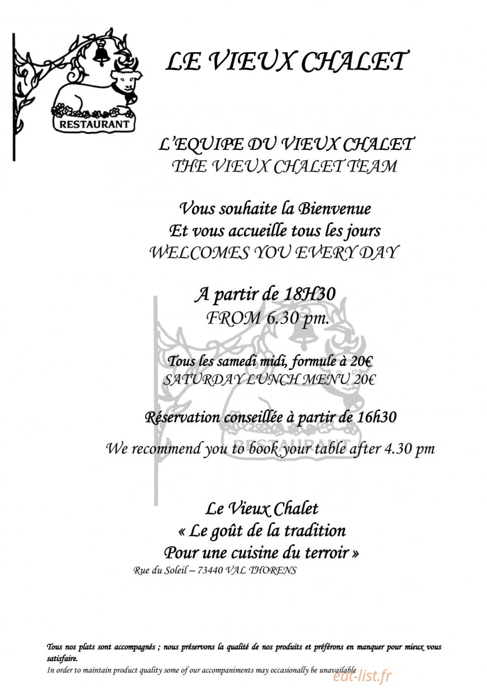 Le Vieux Chalet — carte page 1