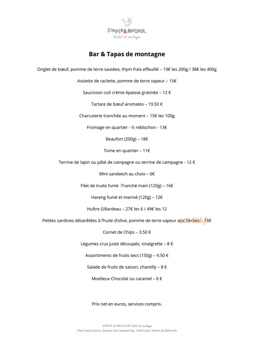 Carte et menu de Simple&Meilleur Bistrot de montagne à Saint Martin de Belleville — Tapas