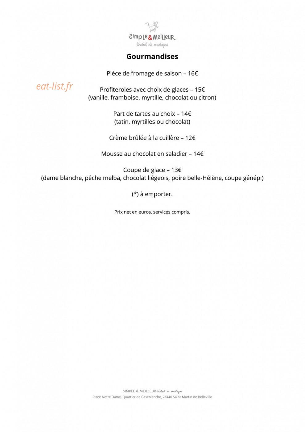 Carte et menu de Simple&Meilleur Bistrot de montagne à Saint Martin de Belleville — Gourmandises