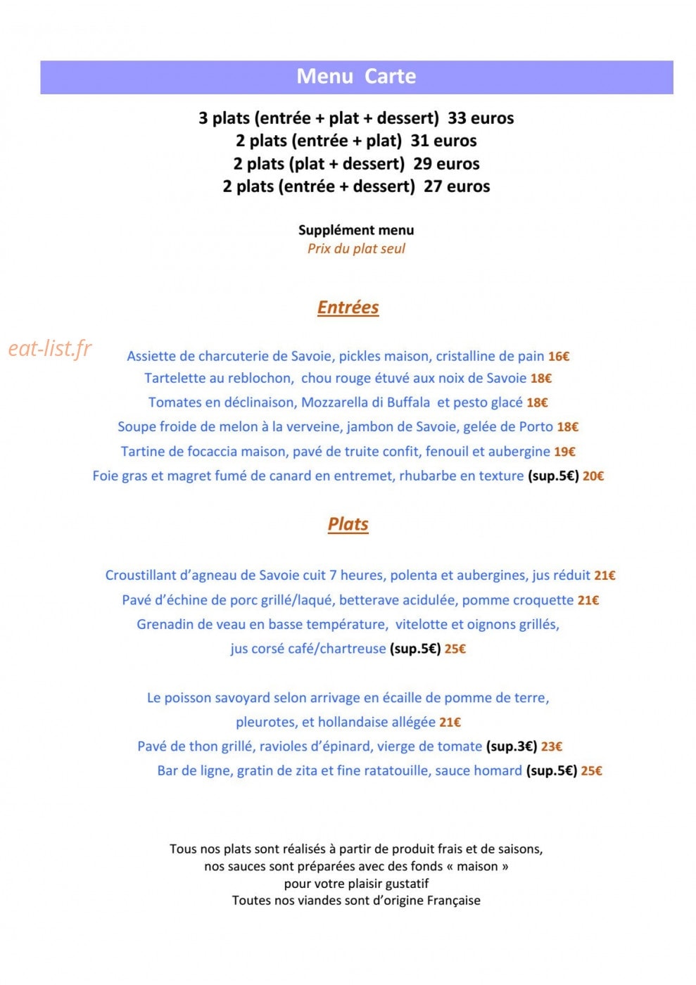 Carte et menu de Grand Hôtel de Valloire et du Galibier à Valloire — Menus, entrées et plats