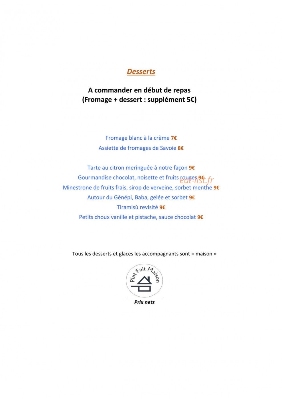 Carte et menu de Grand Hôtel de Valloire et du Galibier à Valloire — Desserts