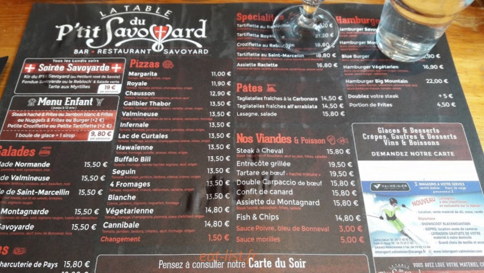 La Table Du Petit Savoyard — carte page 1