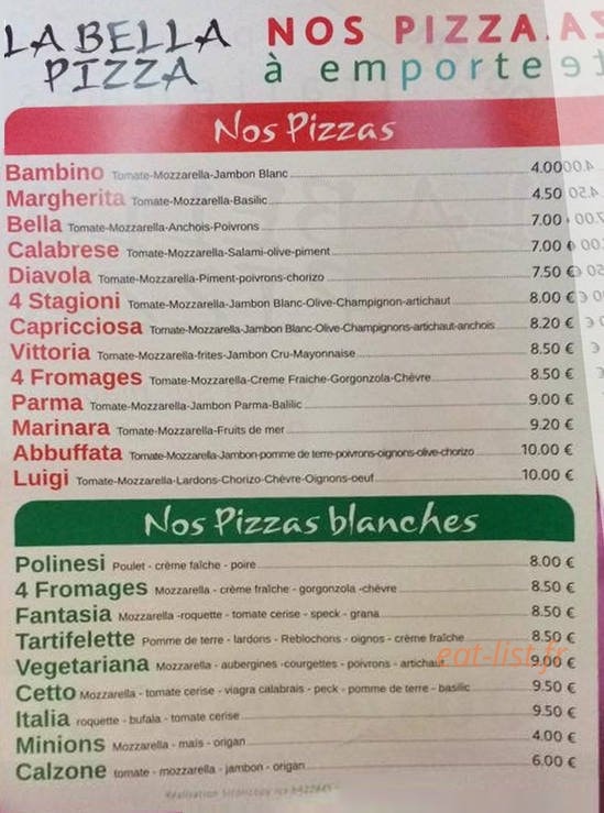 La bella pizza — carte page 1