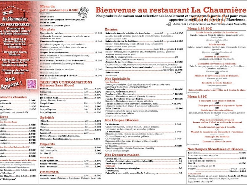 Restaurant la Chaumière — carte page 1