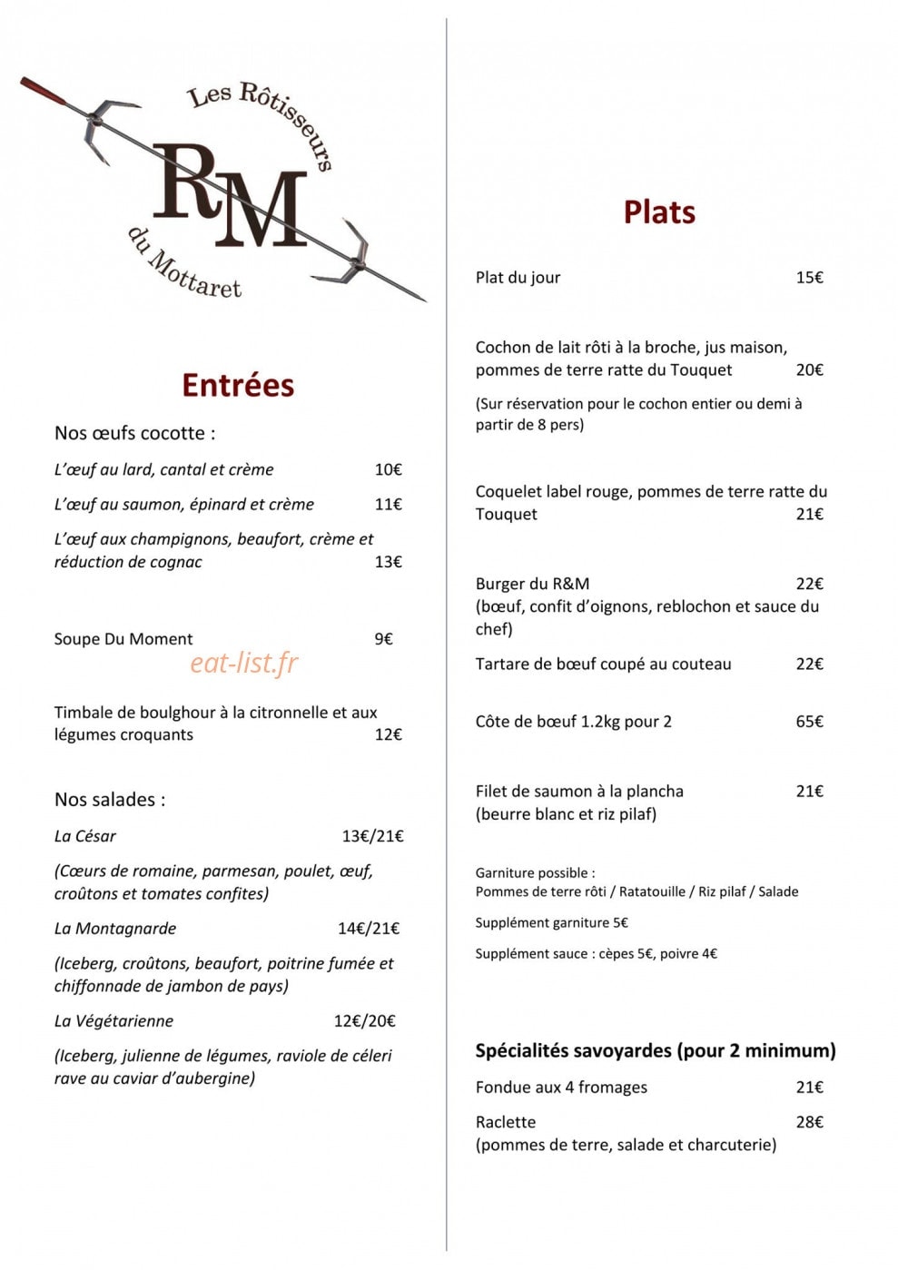 Carte et menu de Les Rôtisseurs du Mottaret à Les Allues — Les entrées et plats