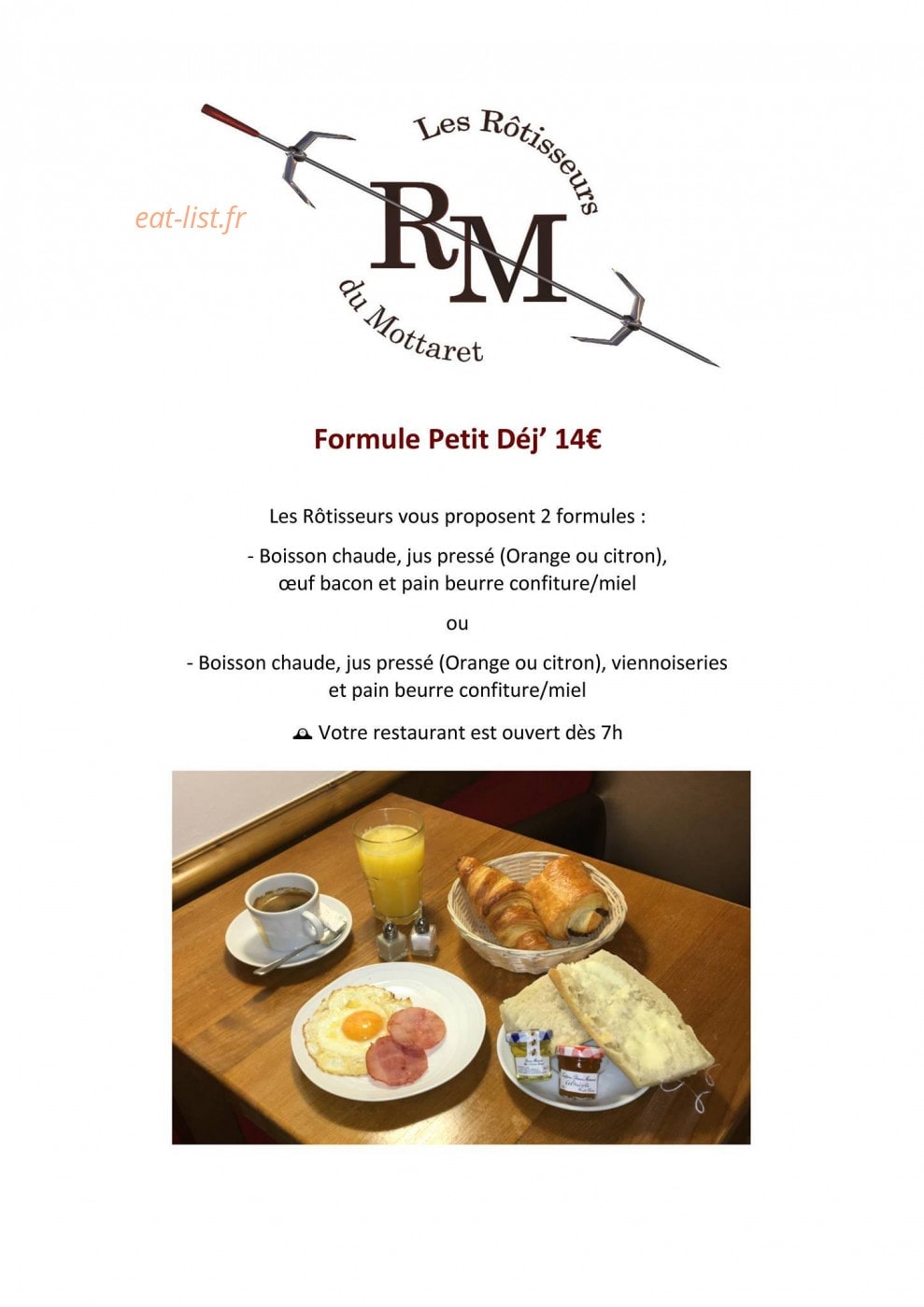 Carte et menu de Les Rôtisseurs du Mottaret à Les Allues — La formule petit déjeuner