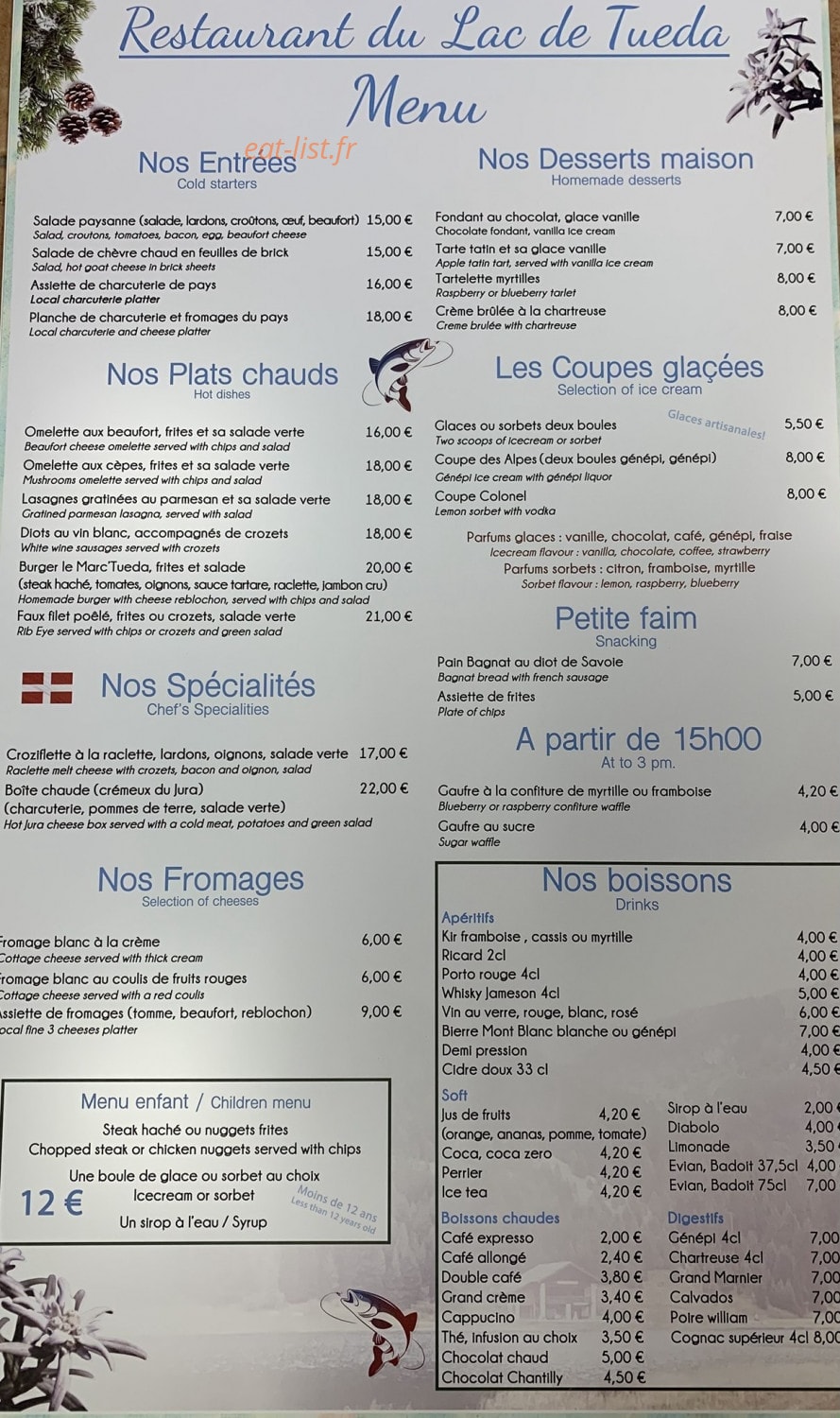 Restaurant du Lac de Tuéda — carte page 1