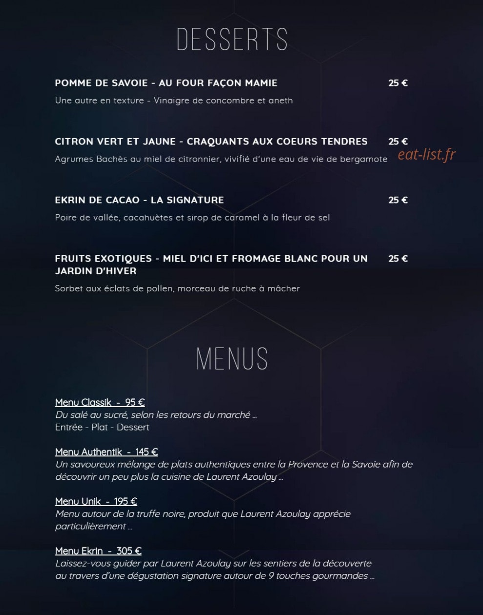 Carte et menu de Restaurant L'Ekrin by Laurent Azoulay à Méribel — Les desserts et menus