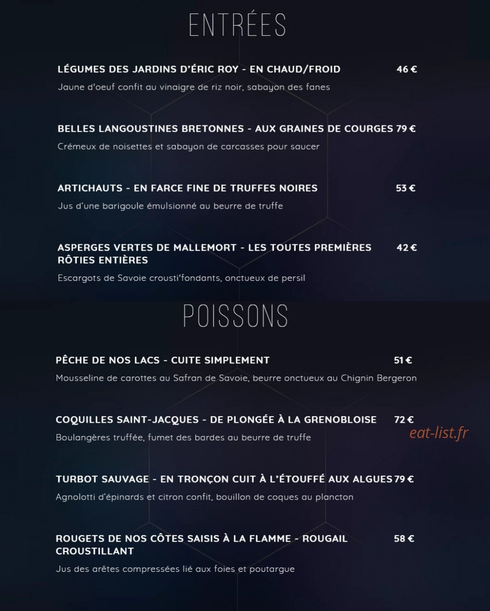 Carte et menu de Restaurant L'Ekrin by Laurent Azoulay à Méribel — Les entrées et poissons
