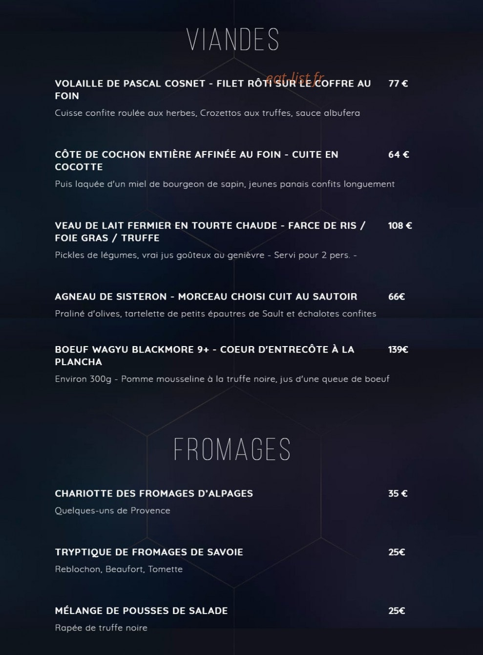 Carte et menu de Restaurant L'Ekrin by Laurent Azoulay à Méribel — Les viandes et fromages
