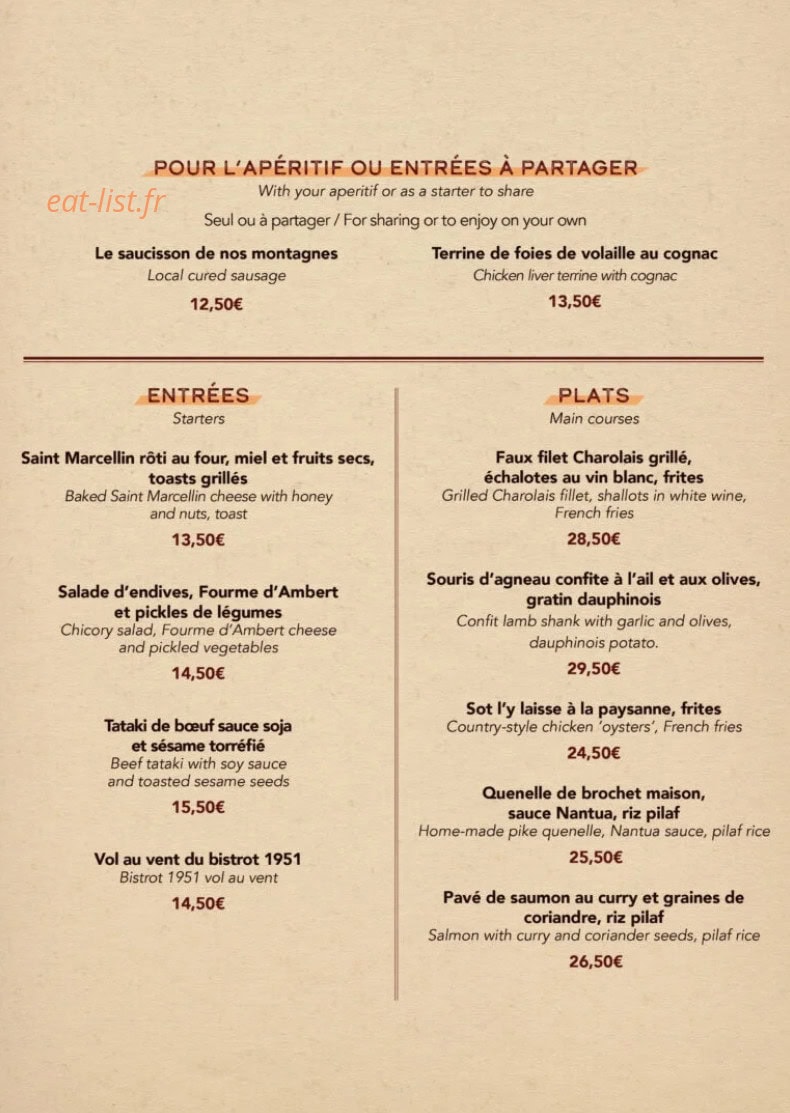 Le Bistrot 1951 — carte page 2