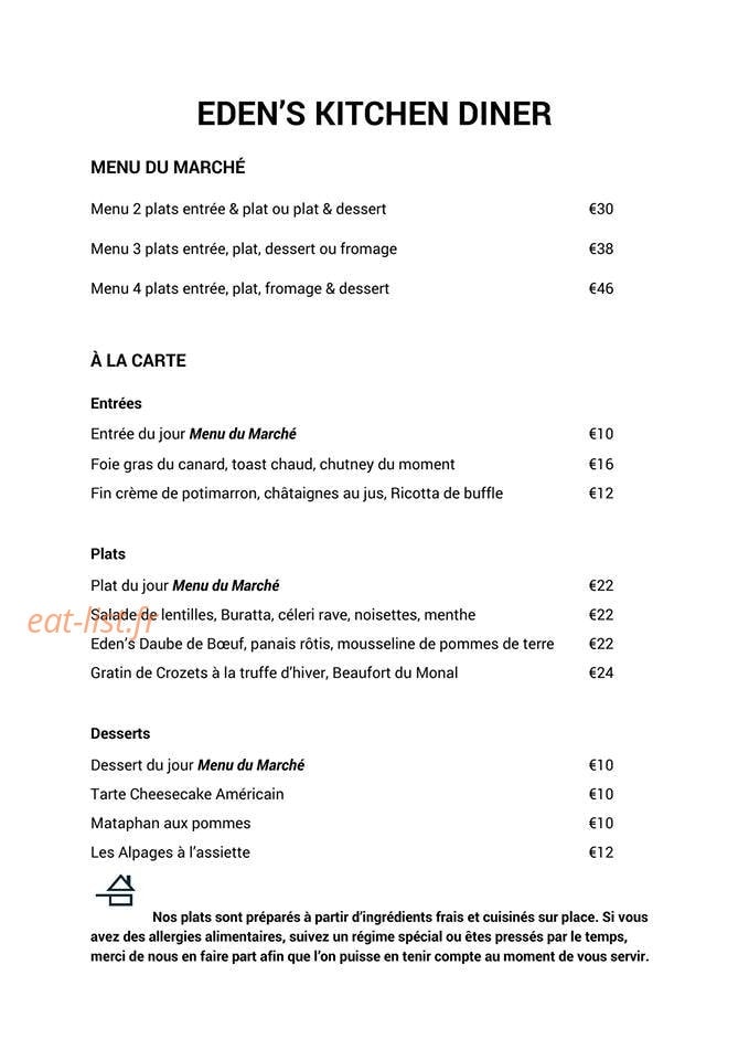 Eden's Kitchen — carte page 1