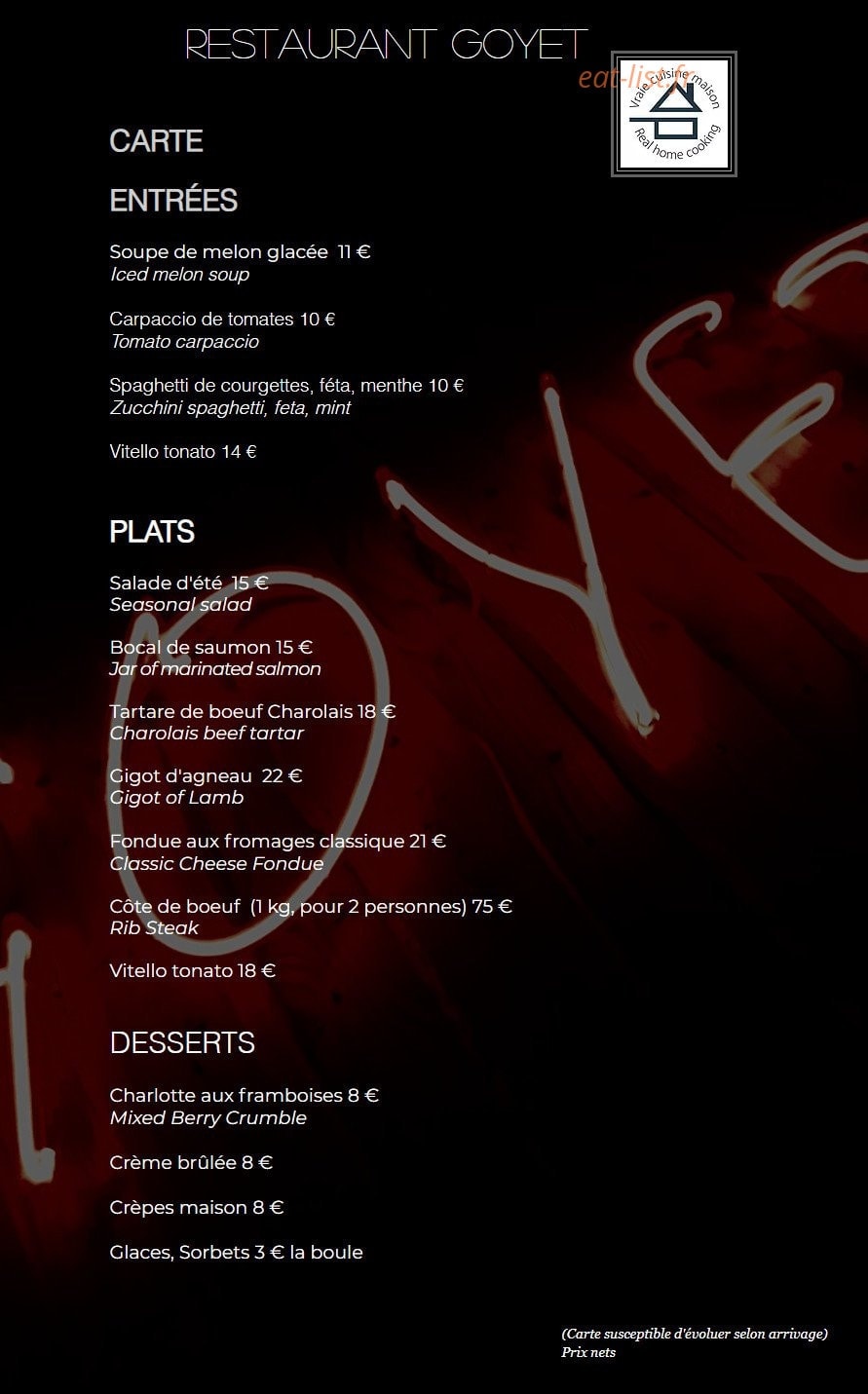 Restaurant Goyet — carte page 1