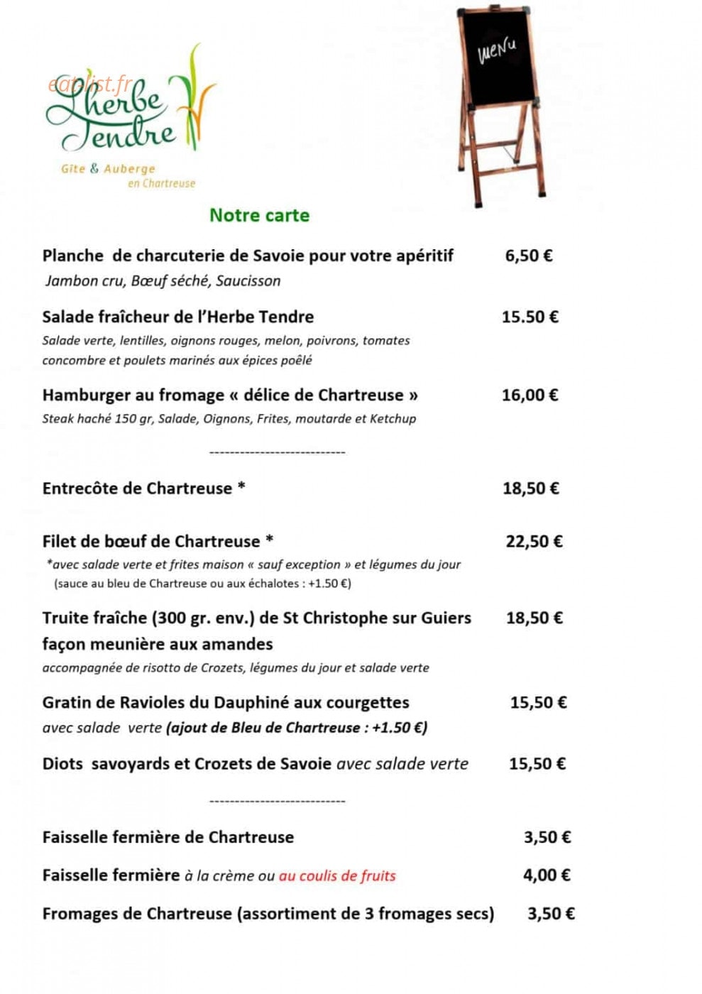 Auberge Herbe Tendre — carte page 1