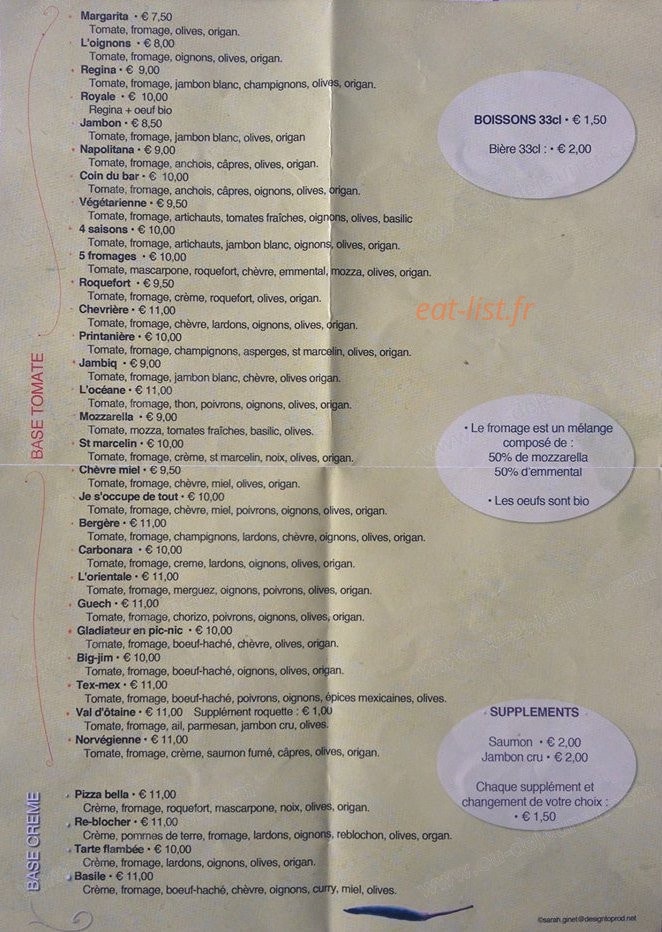 Le Comptoir à Pizzas — carte page 1